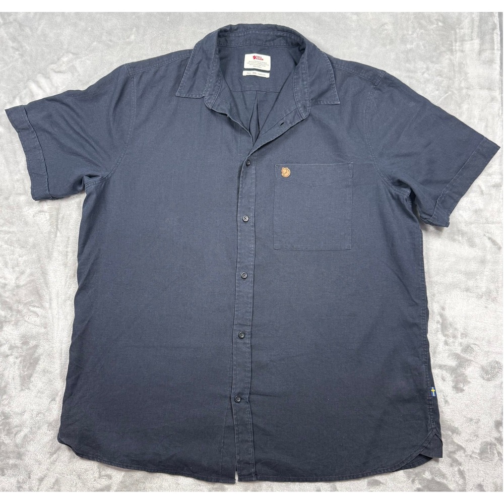 Fjallraven Ovik Travel Shirt SS Navy Blue Hemp Blend Mens XXL Comfort Fit 87039